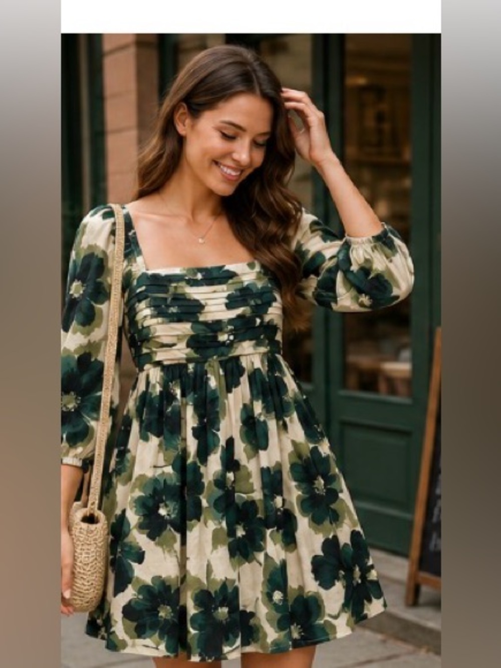 NWT Abercrombie & Fitch Green Floral Puff Sleeve Mini Dress Size S - Picture 2 of 5